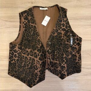 Animal Print Button Denim Front Vest